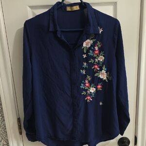 Sahara Woman Viscose Button Down Navy Long Sleeve Embroidered Flowers Size Smal